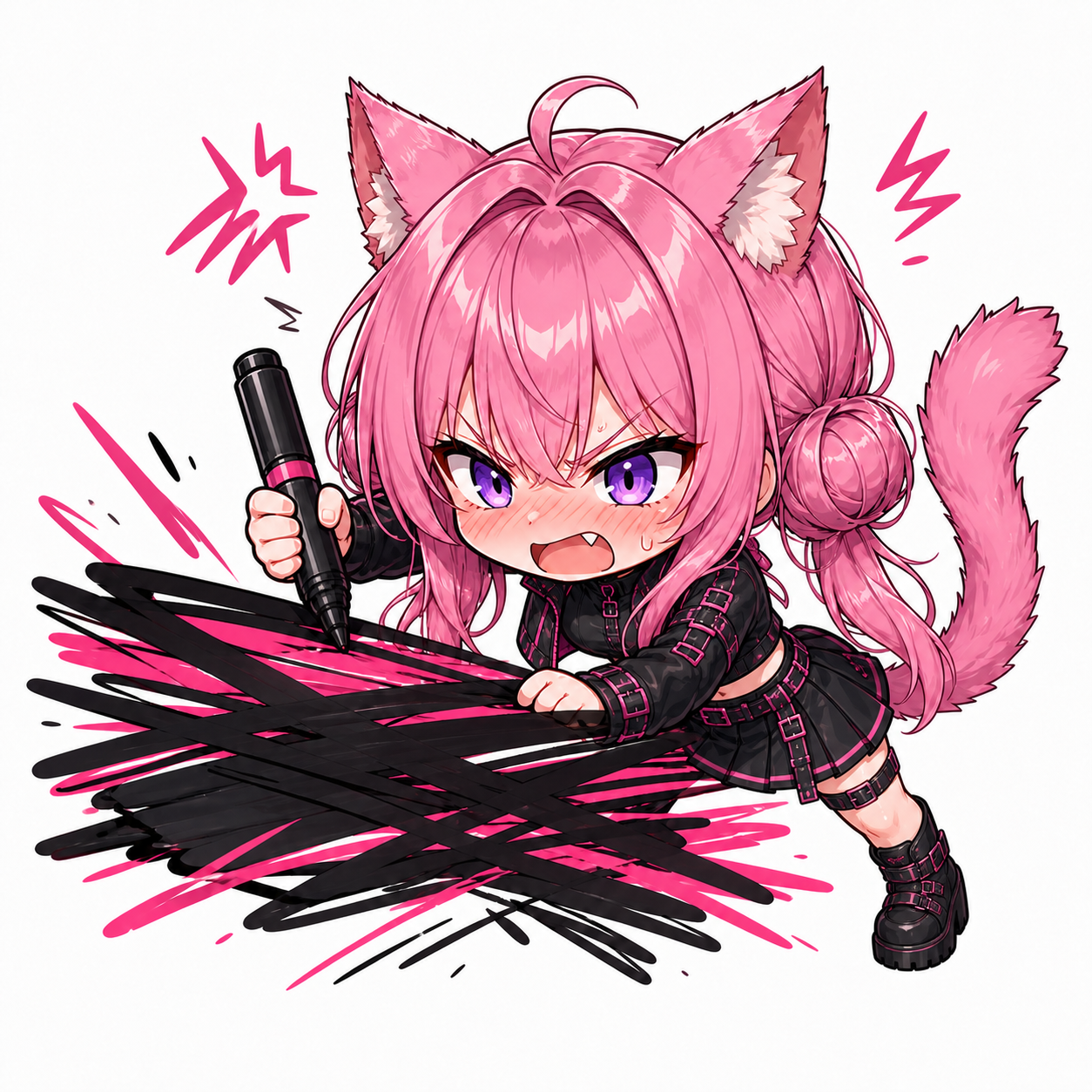 An angry miniature Hikari completely redacts the three-size field with thick black and pink marker