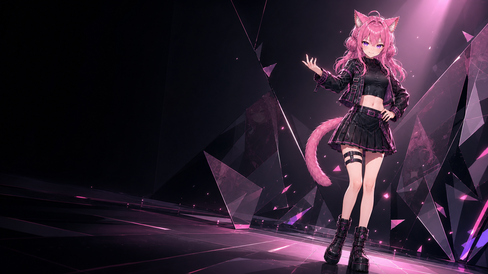 HIKARI-07 meeting the viewer's gaze in a black and sakura-pink editorial space